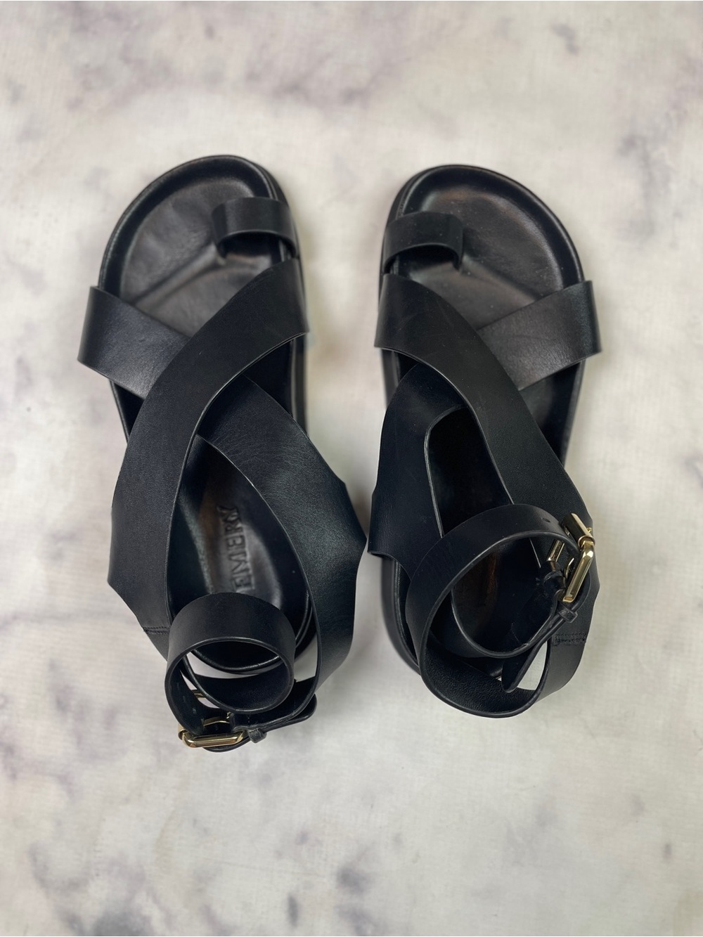 A.Emery Jalen Black Leather Criss Cross Toe Ring Sandals Minimalist Sz 36 - Picture 4 of 10
